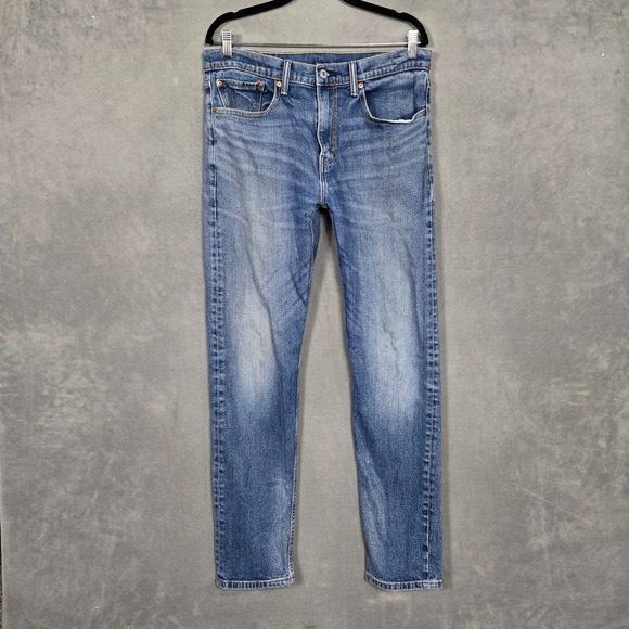 Levis 502 Mens Jean 34x34 (fits 34x32) Blue stretch Regular Taper Fit distressed - Picture 1 of 9